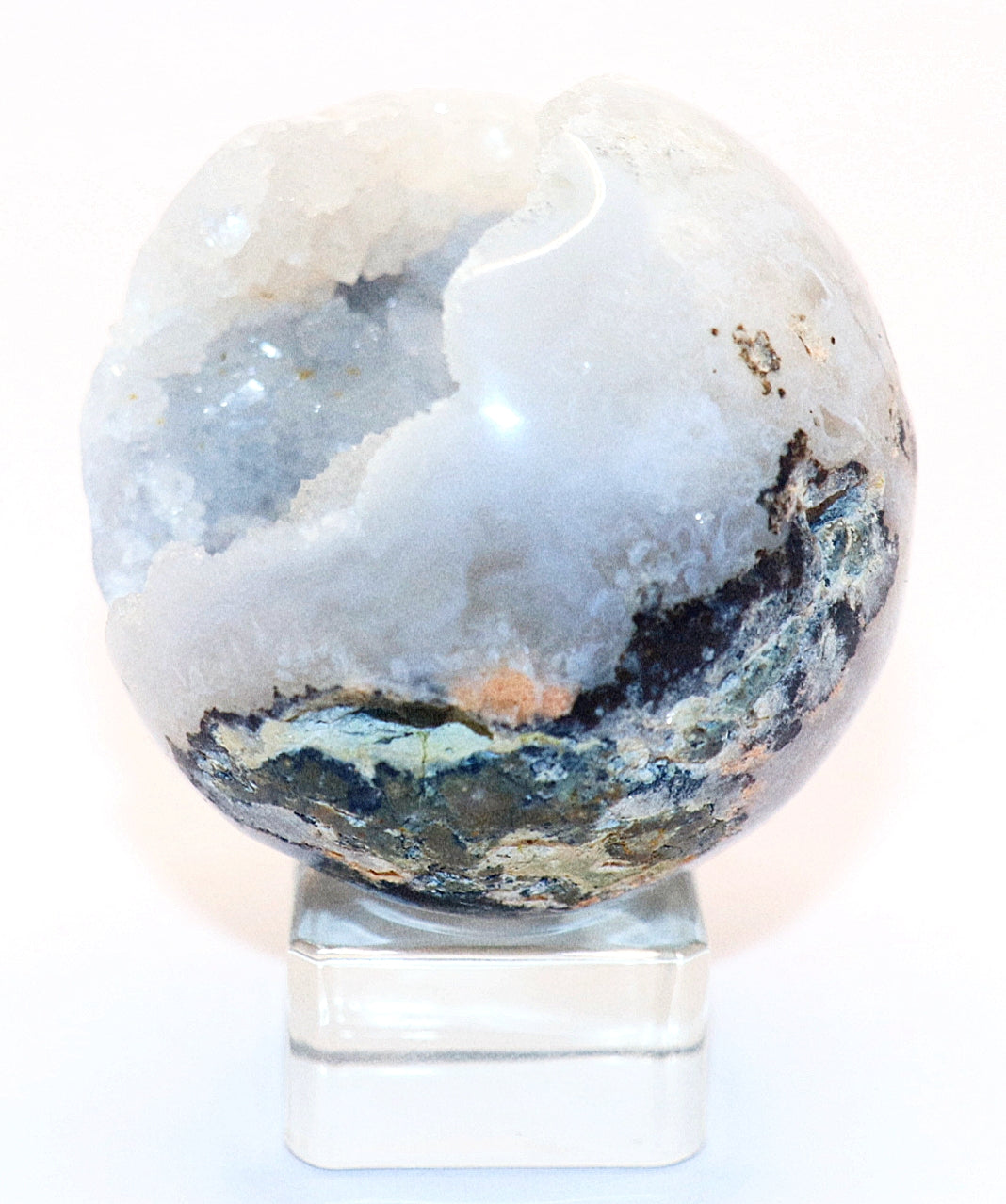 Rare White Jade Specimen Sphere & Square Clear Stand
