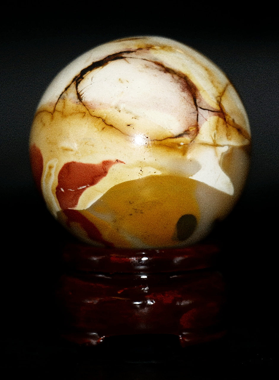 Esfera de piedra preciosa de jaspe mokaita de 50 mm y soporte de vidrio