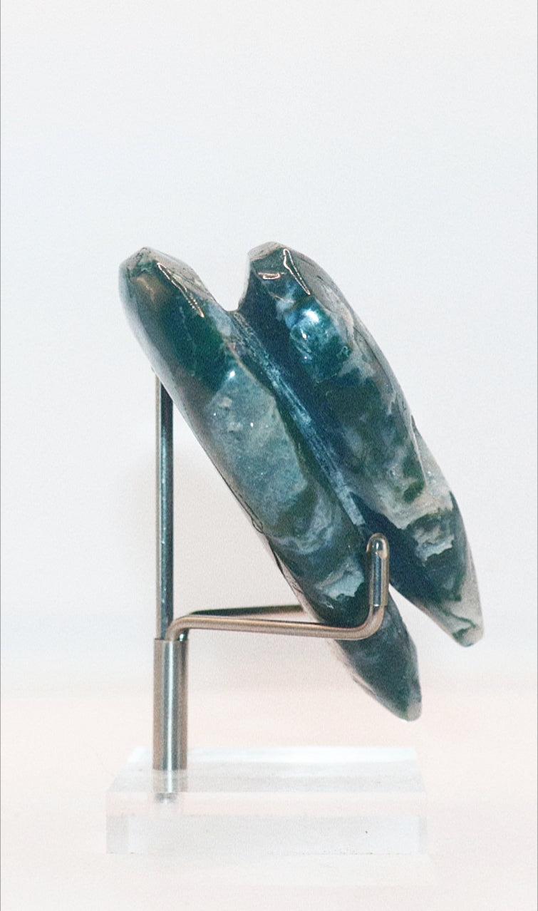 Green Moss Agate Double Hearts Carved Gemstone & Stands