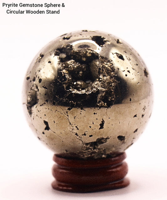 Pyrite Gemstone Sphere & circular Wooden Stand