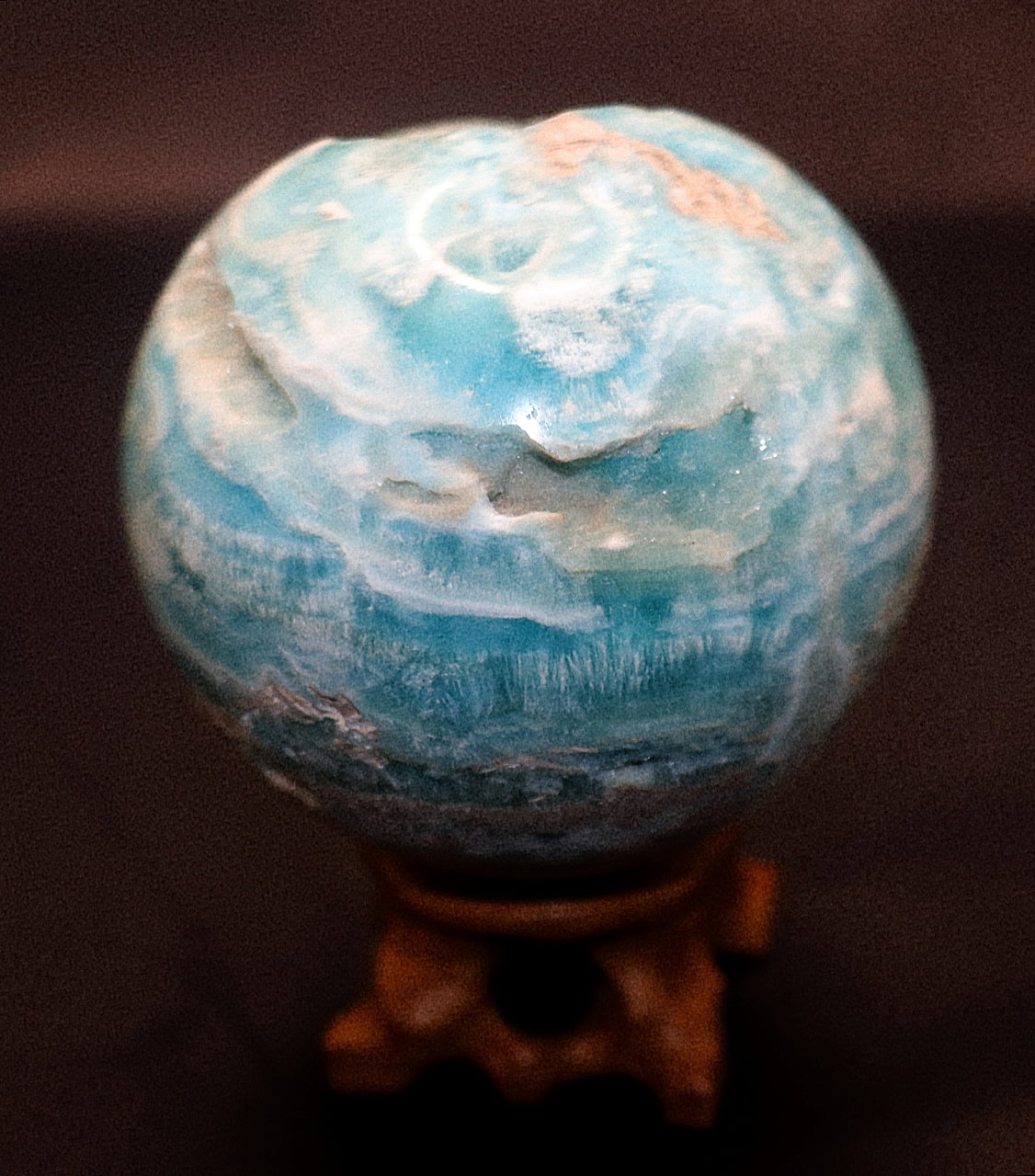 Rare Hermimorphite Gemstone Sphere & Wooden Stand