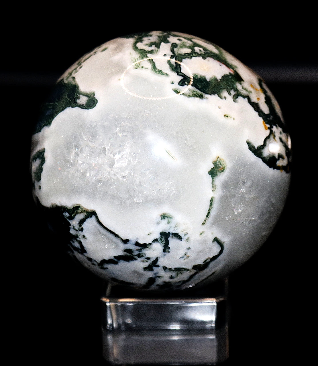 Esfera y soporte de piedra preciosa de ágata musgosa verde de 70 a 80 mm