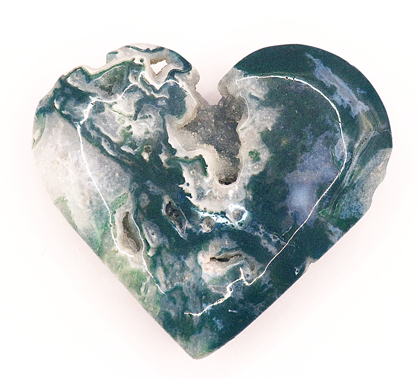Green Moss Agate Double Hearts Carved Gemstone & Stands