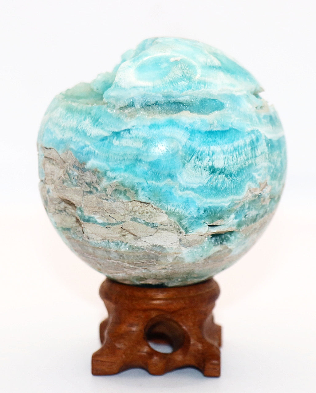 Rare Hermimorphite Gemstone Sphere & Wooden Stand