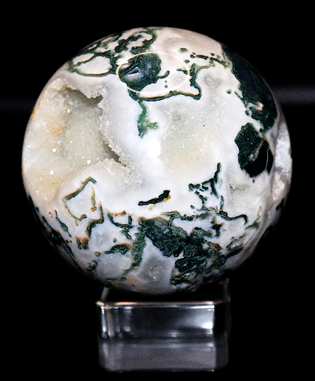 Esfera y soporte de piedra preciosa de ágata musgosa verde de 70 a 80 mm