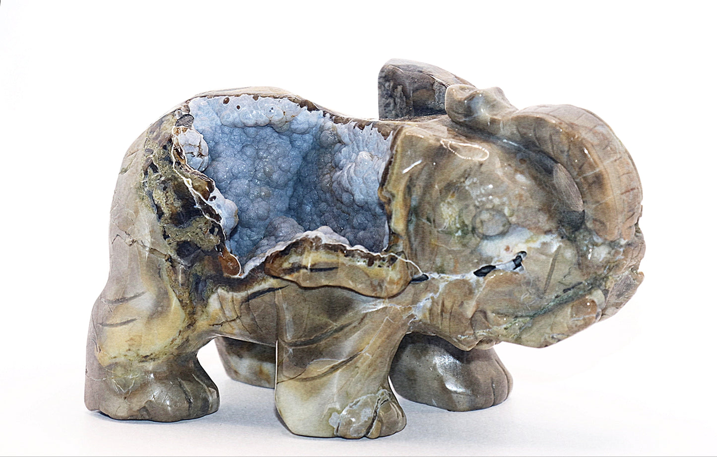 Rare Volcanic Agate With UV Light Reaction eaction Gemstone Druzy Carved Elephant