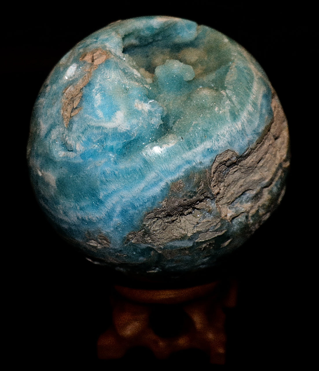 Rare Hermimorphite Gemstone Sphere & Wooden Stand
