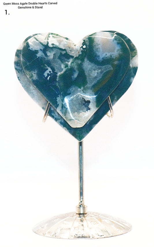 Green Moss Agate Double Hearts Carved Gemstone & Stands