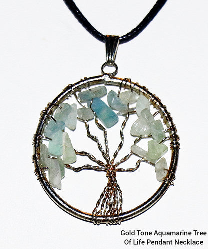 Gold Tone Aquamarine Tree Of Life Pendant Necklace