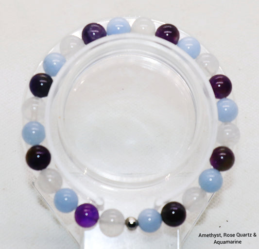 Amethyst, Rose Quartz, & Aquamarine Gemstone Bracelet