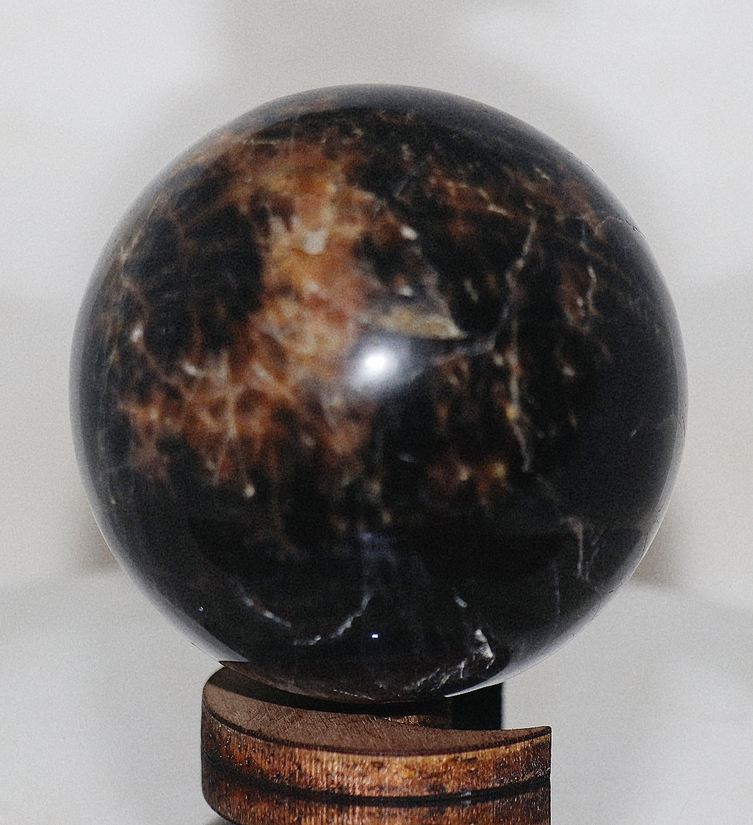 60mm Rare Black Moonstone & wooden Shape Moon Stand