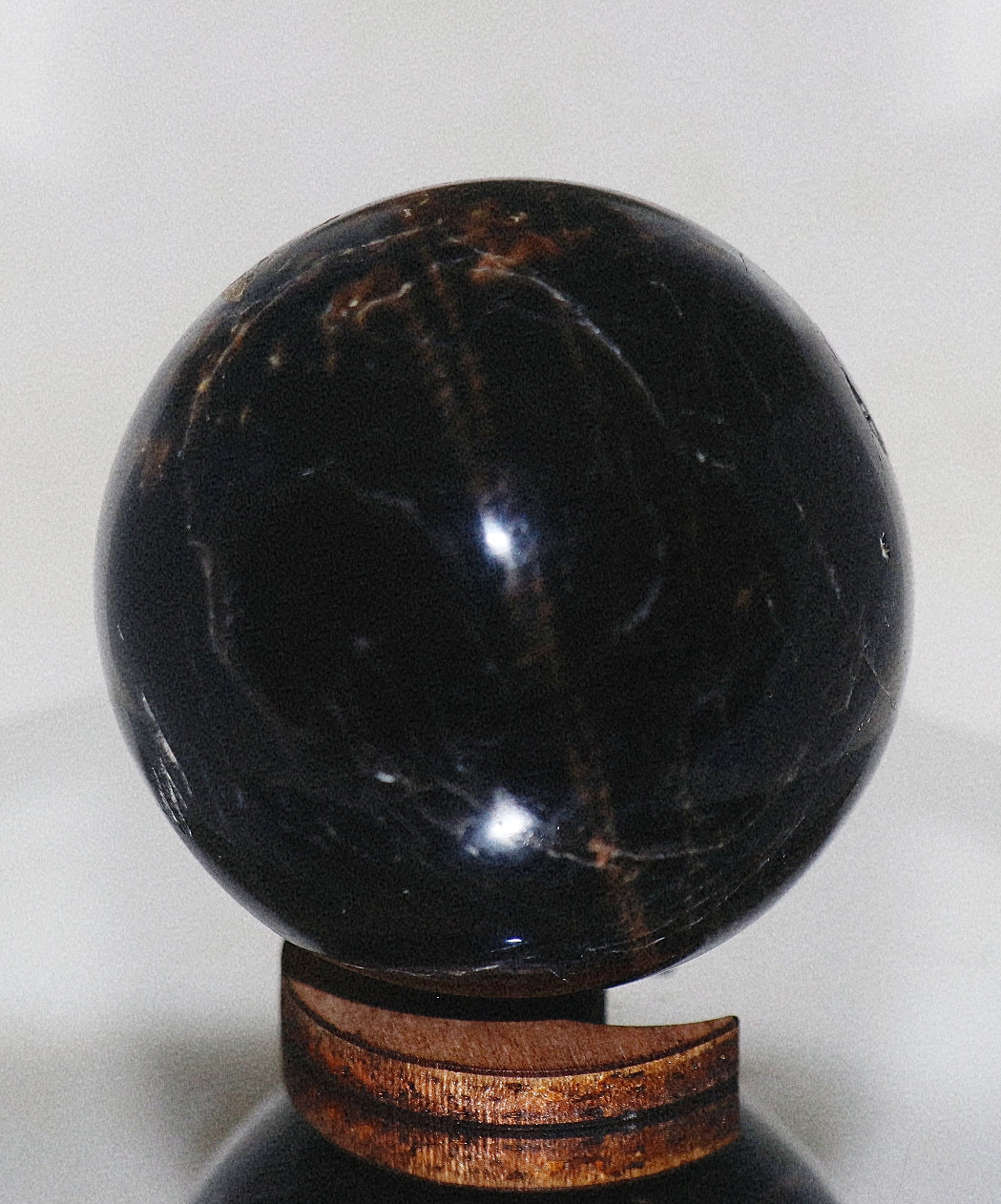 60mm Rare Black Moonstone & wooden Shape Moon Stand