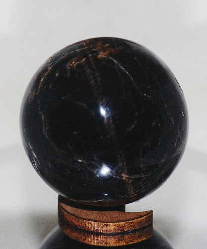 60mm Rare Black Moonstone & wooden Shape Moon Stand