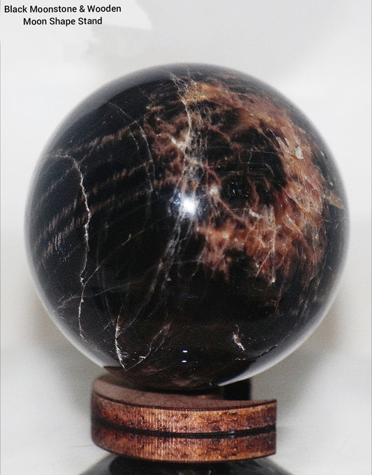 Piedra lunar negra rara de 60 mm y soporte de madera con forma de luna