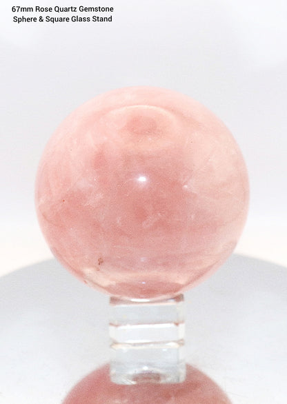 Buddha Meditating Carving & 60-70mm Rose Quartz Gemstone Sphere & Square Glass Stand