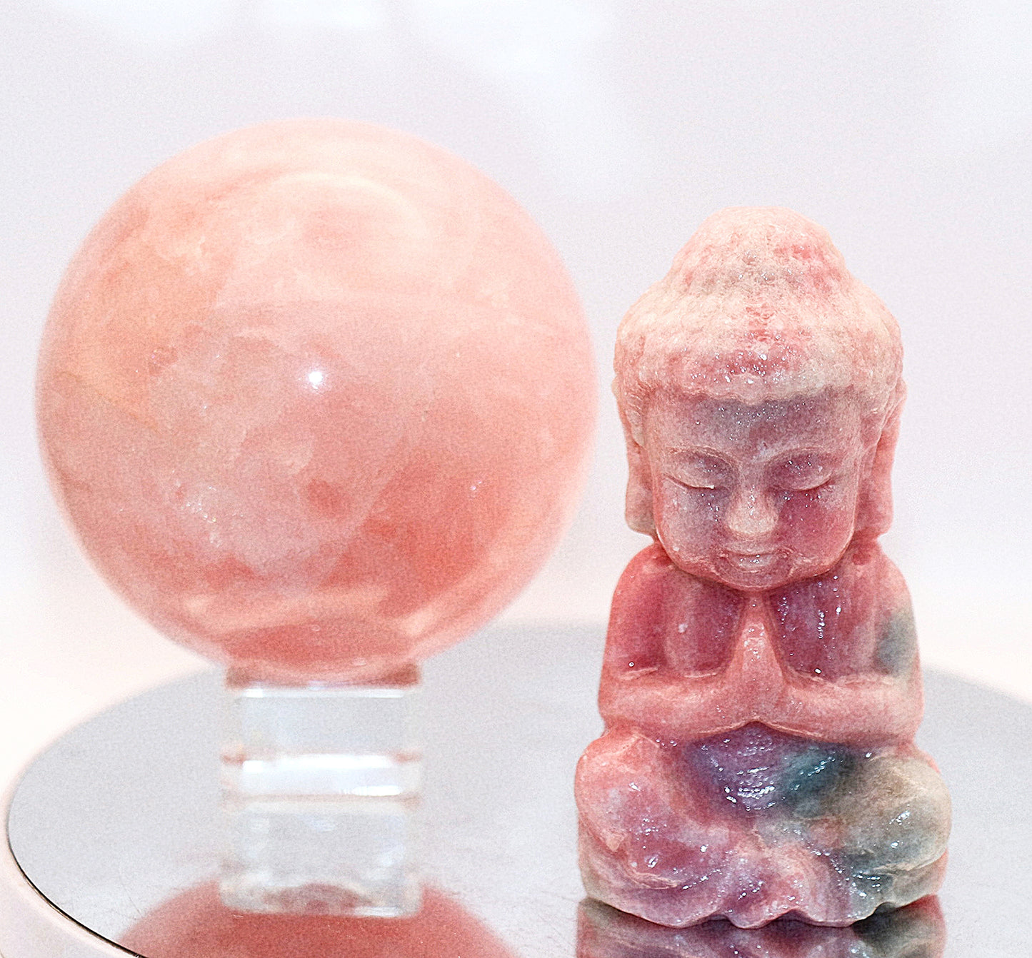 Buddha Meditating Carving & 60-70mm Rose Quartz Gemstone Sphere & Square Glass Stand