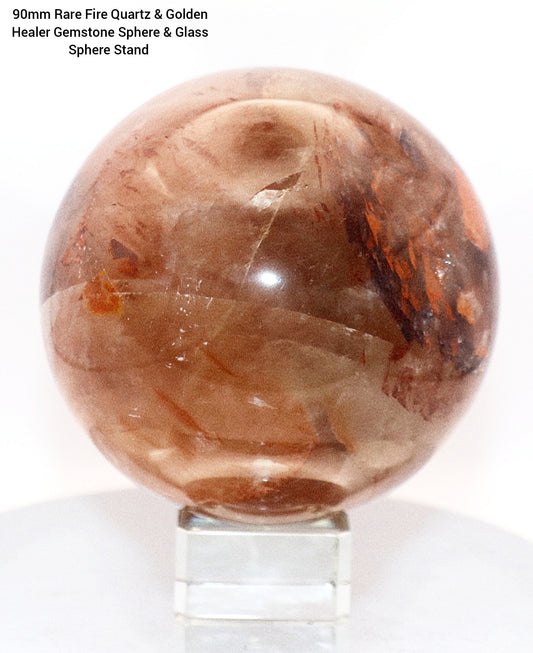 70 - 80mm 90mm Fire Quartz and Golden Healer Gemstone Sphere & Glass Square Sphere Stand