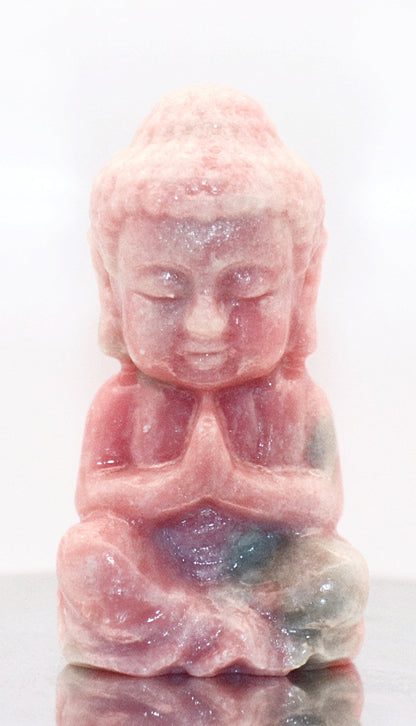 Buddha Meditating Carving & 60-70mm Rose Quartz Gemstone Sphere & Square Glass Stand