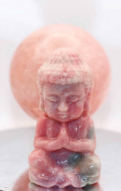 Buddha Meditating Carving & 60-70mm Rose Quartz Gemstone Sphere & Square Glass Stand