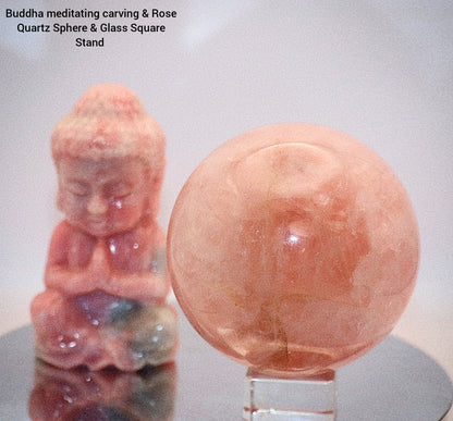 Buddha Meditating Carving & 60-70mm Rose Quartz Gemstone Sphere & Square Glass Stand