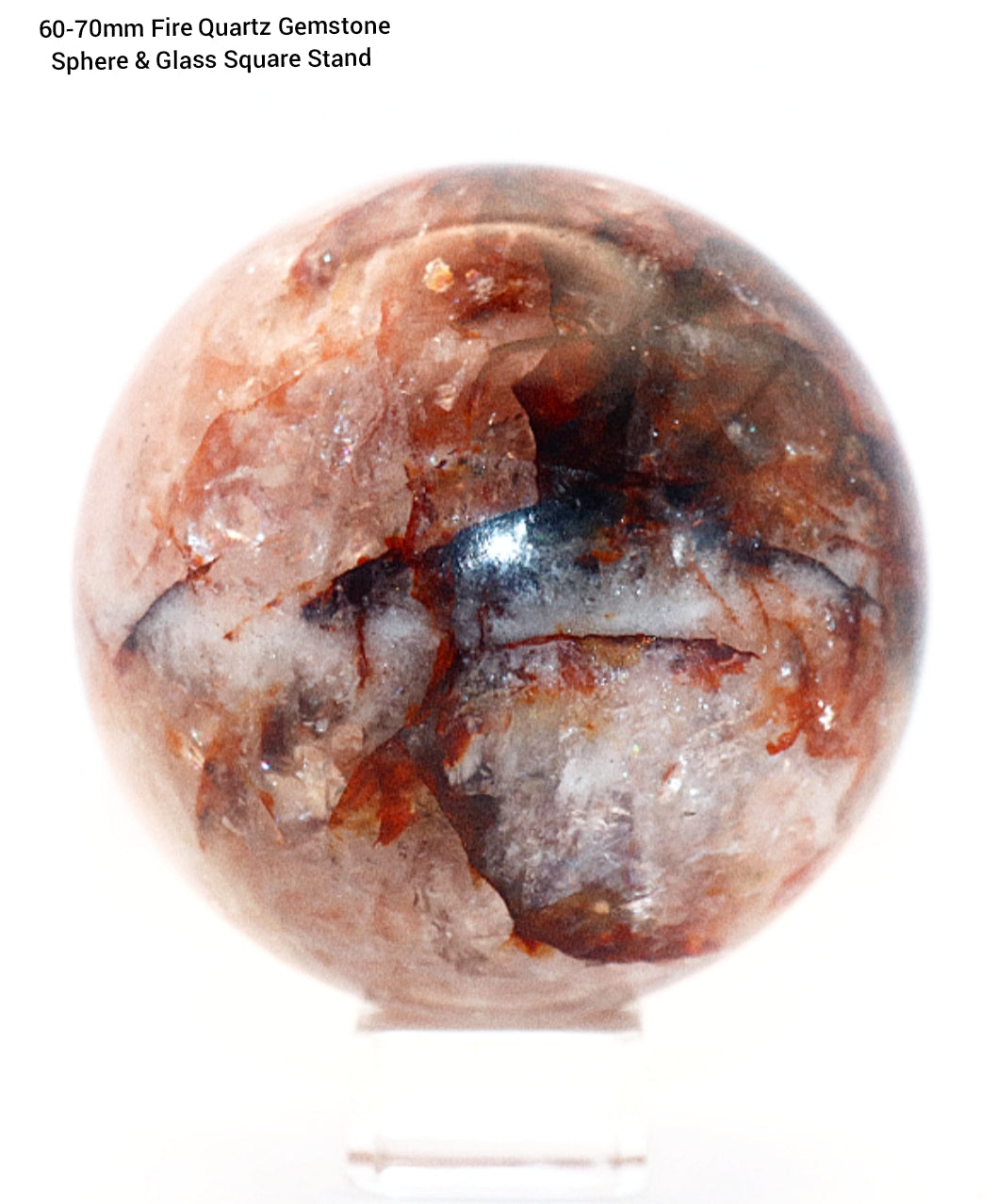 60-70mm Fire Quartz Gemstone Sphere & Glass Square Stand