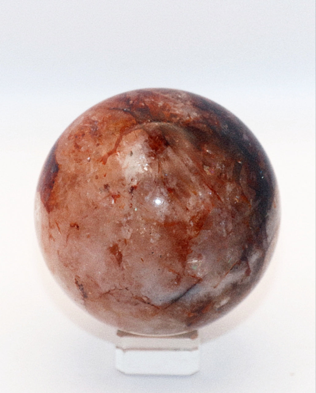 60-70mm Fire Quartz Gemstone Sphere & Glass Square Stand