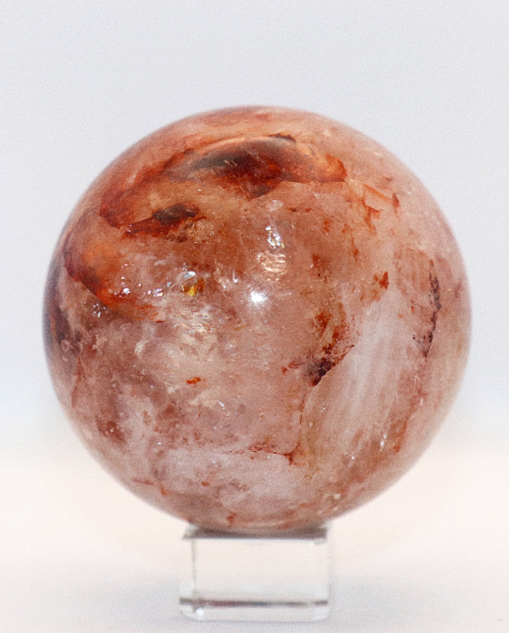 60-70mm Fire Quartz Gemstone Sphere & Glass Square Stand