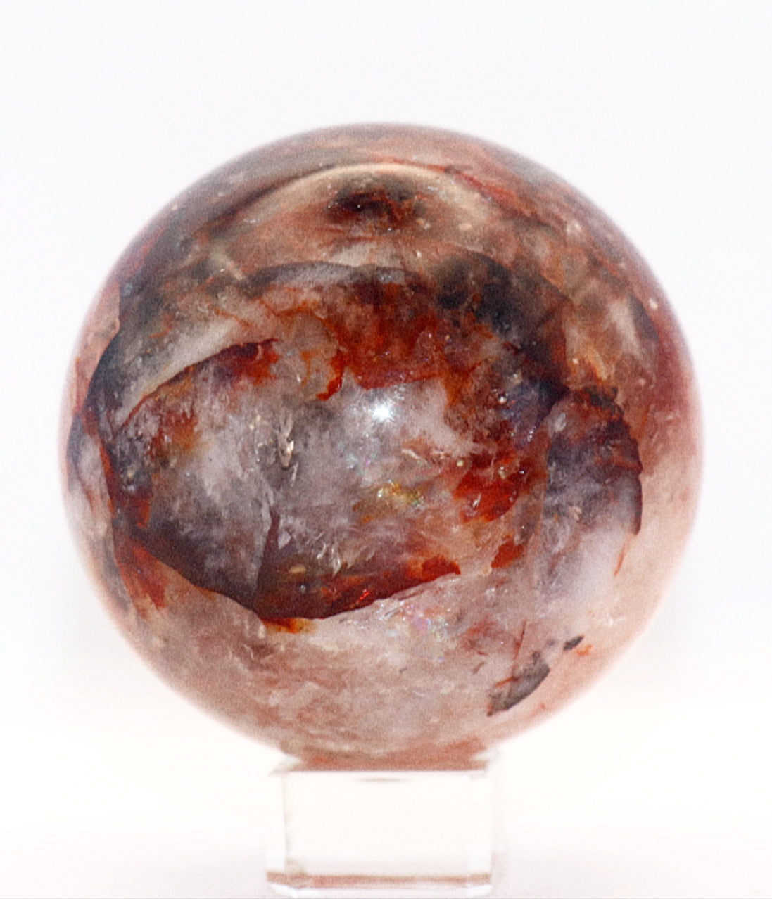 60-70mm Fire Quartz Gemstone Sphere & Glass Square Stand