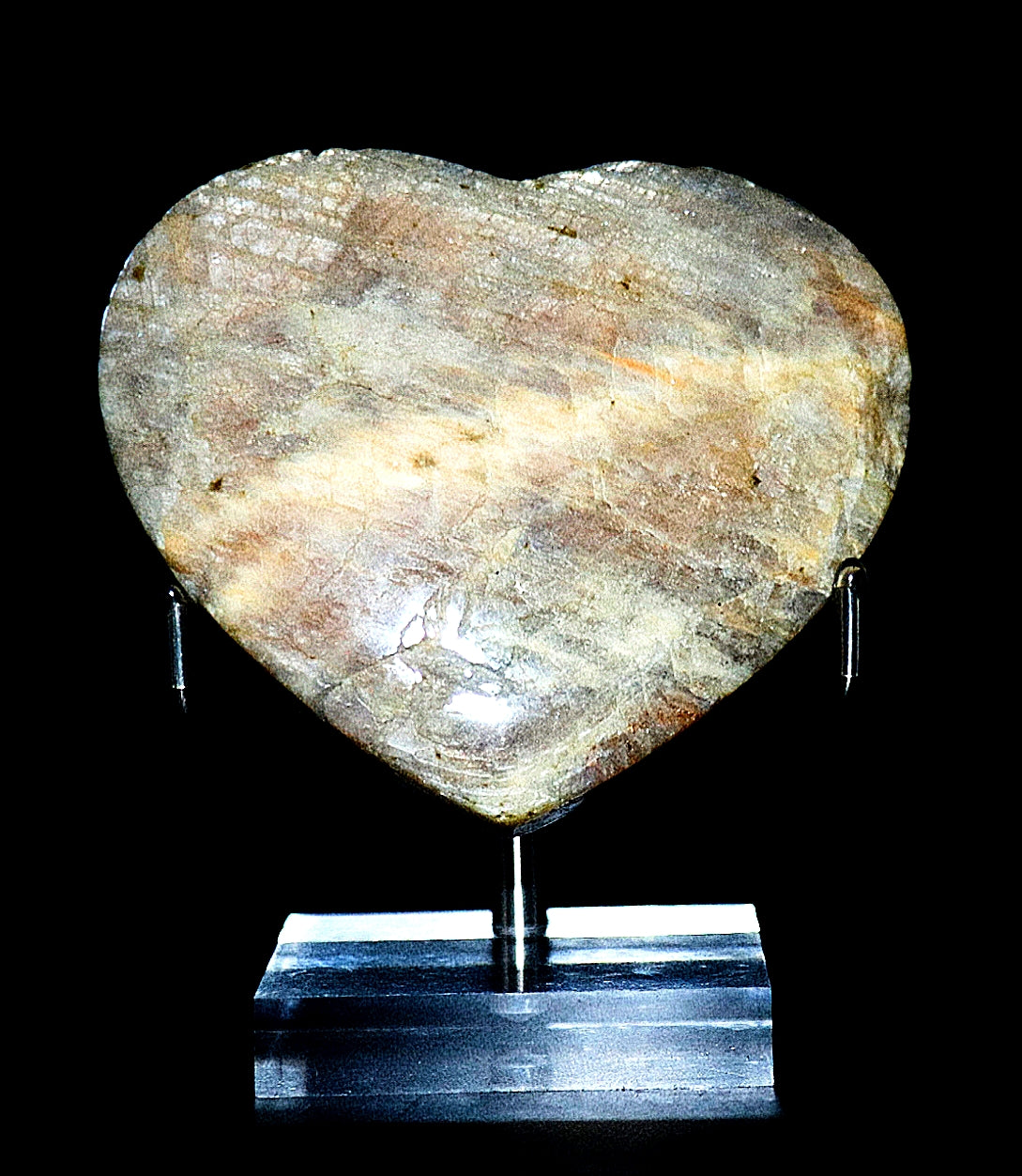 Blue Flash Moonstone Carved Hearts Gemstone & Stand