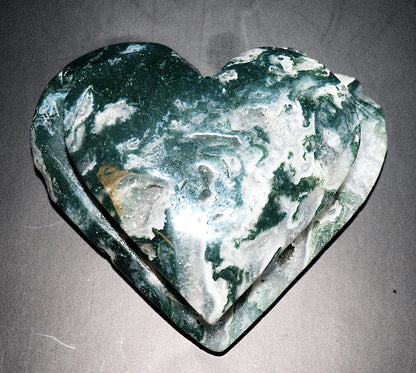 Green Moss Agate Double Hearts Carved Gemstone & Stands