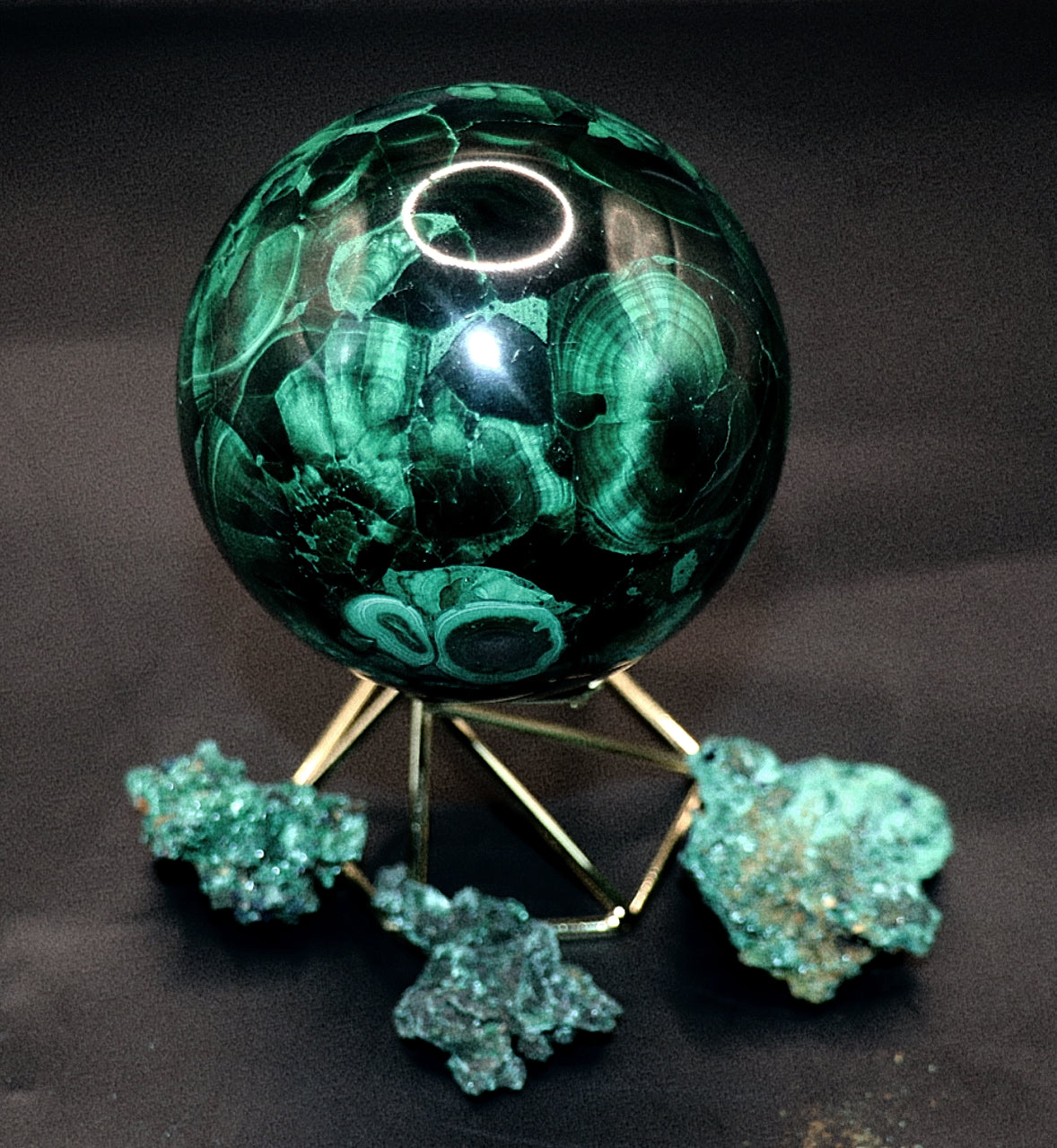 Malachite Gemstone Sphere & Gold Tone Sphere Stand