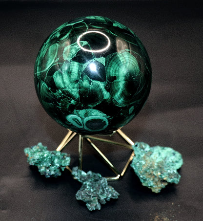 Malachite Gemstone Sphere & Gold Tone Sphere Stand
