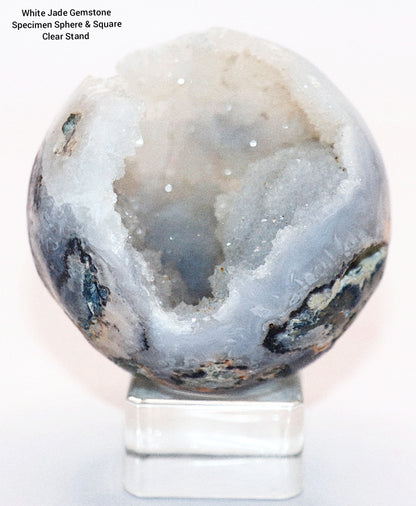 Rare White Jade Specimen Sphere & Square Clear Stand