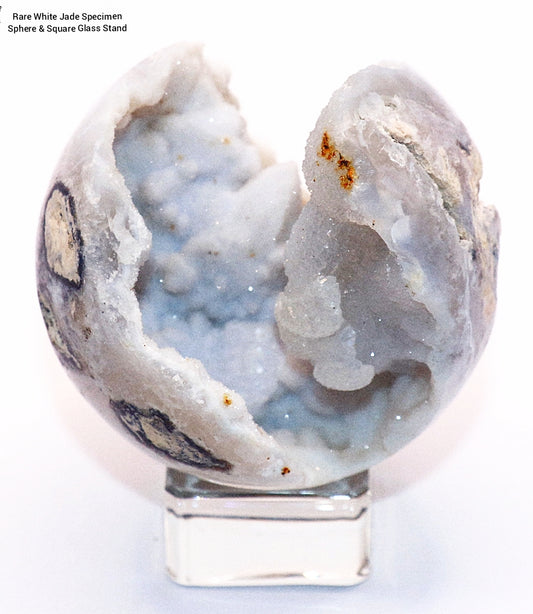 Rare White Jade Specimen Sphere & Square Clear Stand