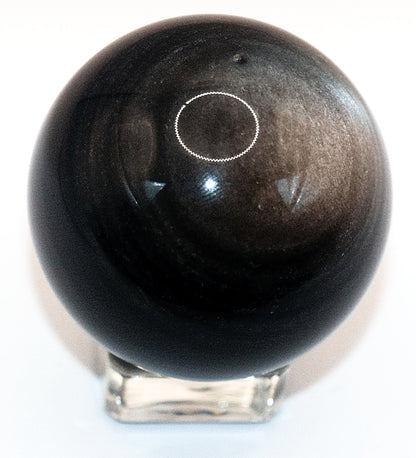 Black Silver Sheen Obsidian Gemstone Sphere & Clear Square Sphere Stand