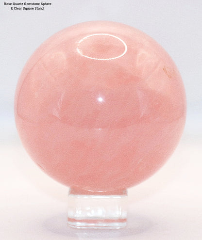 Buddha Meditating Carving & 60-70mm Rose Quartz Gemstone Sphere & Square Glass Stand