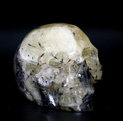 Rare Yellow Citrine Fussed With Black Tourmaline Gemstone Curved Skulls