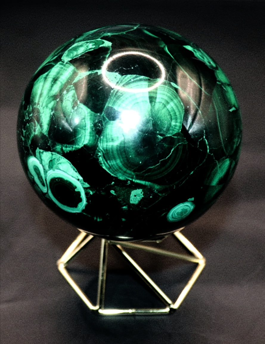 Malachite Gemstone Sphere & Gold Tone Sphere Stand