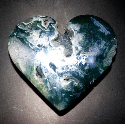 Green Moss Agate Double Hearts Carved Gemstone & Stands