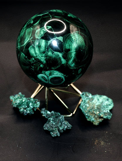 Malachite Gemstone Sphere & Gold Tone Sphere Stand