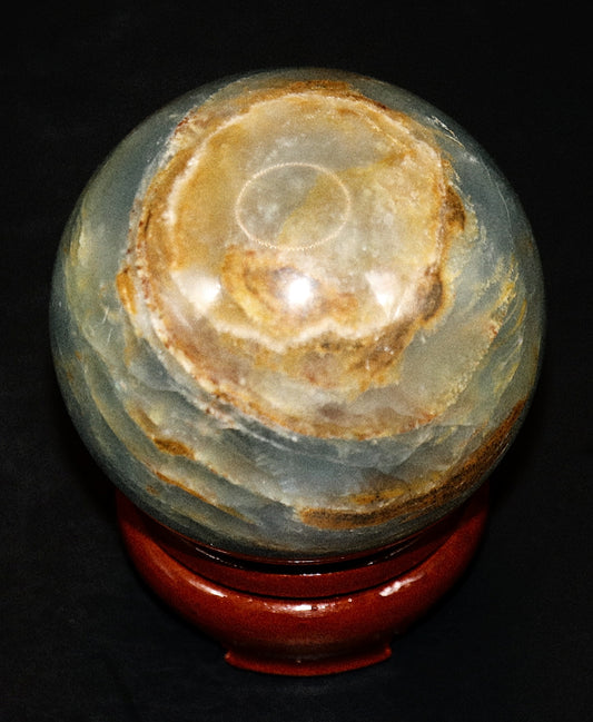 Rare Blue Onyx Gemstone Sphere & Circular Wooden Sphere Stand