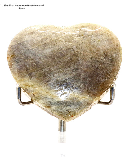 Blue Flash Moonstone Carved Hearts Gemstone & Stand
