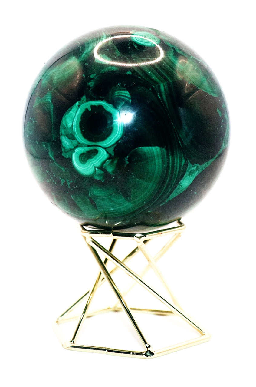 Malachite Gemstone Sphere & Gold Tone Sphere Stand