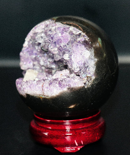 (Pac-Man) Purple Amethyst Gemstone Sphere & Glass Square Stand