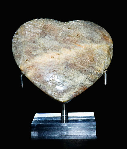 Blue Flash Moonstone Carved Hearts Gemstone & Stand