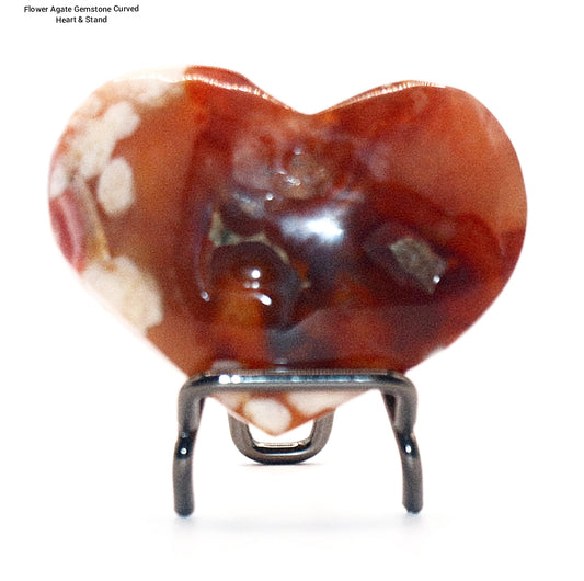 Flower Agate Gemstone Curved Heart & Stand