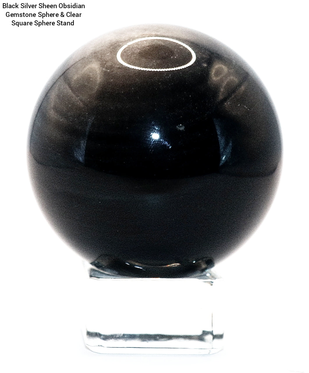 Black Silver Sheen Obsidian Gemstone Sphere & Clear Square Sphere Stand