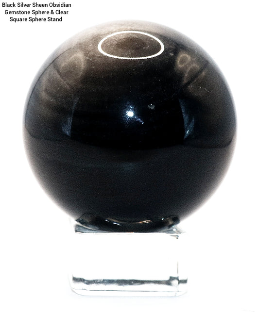 Black Silver Sheen Obsidian Gemstone Sphere & Clear Square Sphere Stand