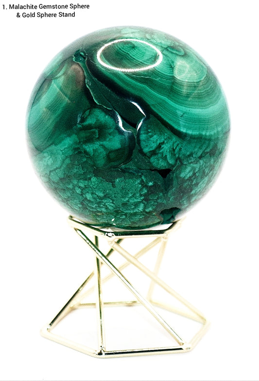 Malachite Gemstone Sphere & Gold Tone Sphere Stand