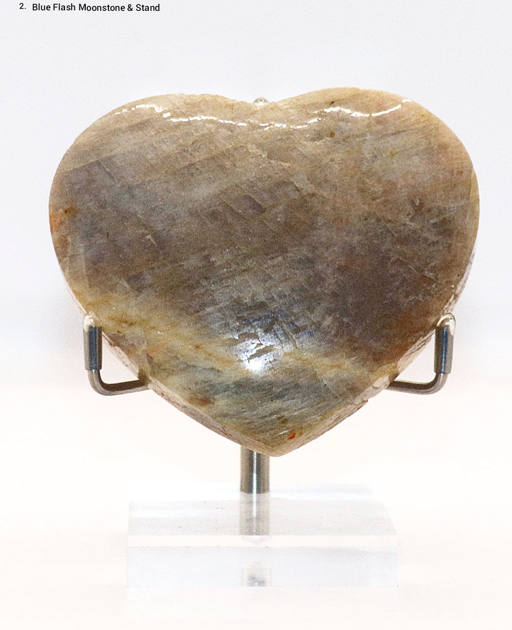 Blue Flash Moonstone Carved Hearts Gemstone & Stand